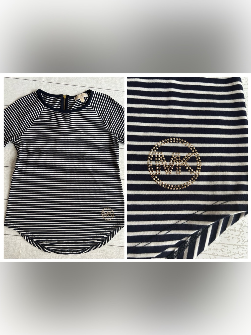 Michael Kors tee shirt S Navy blue striped with gold MK logo zip back EUC